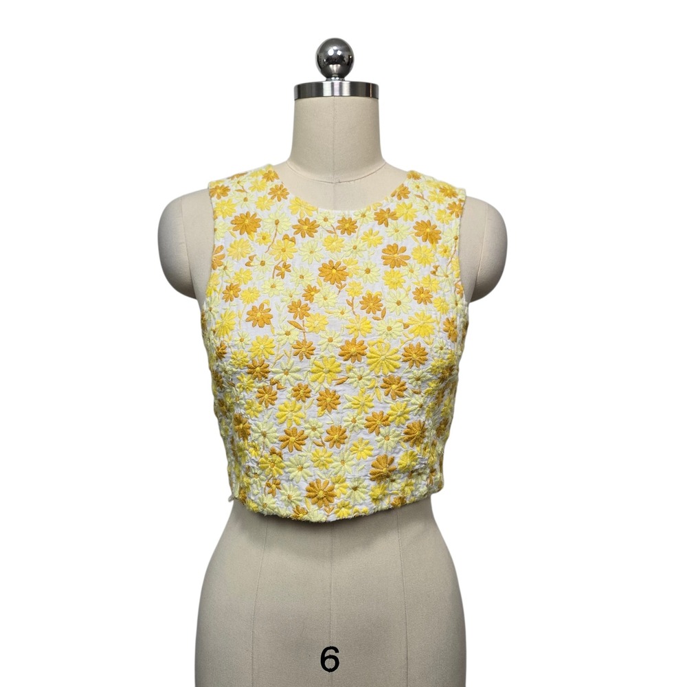& Other Stories Paris Atelier Embroidered Floral Crop Top Yellow White US Size 2